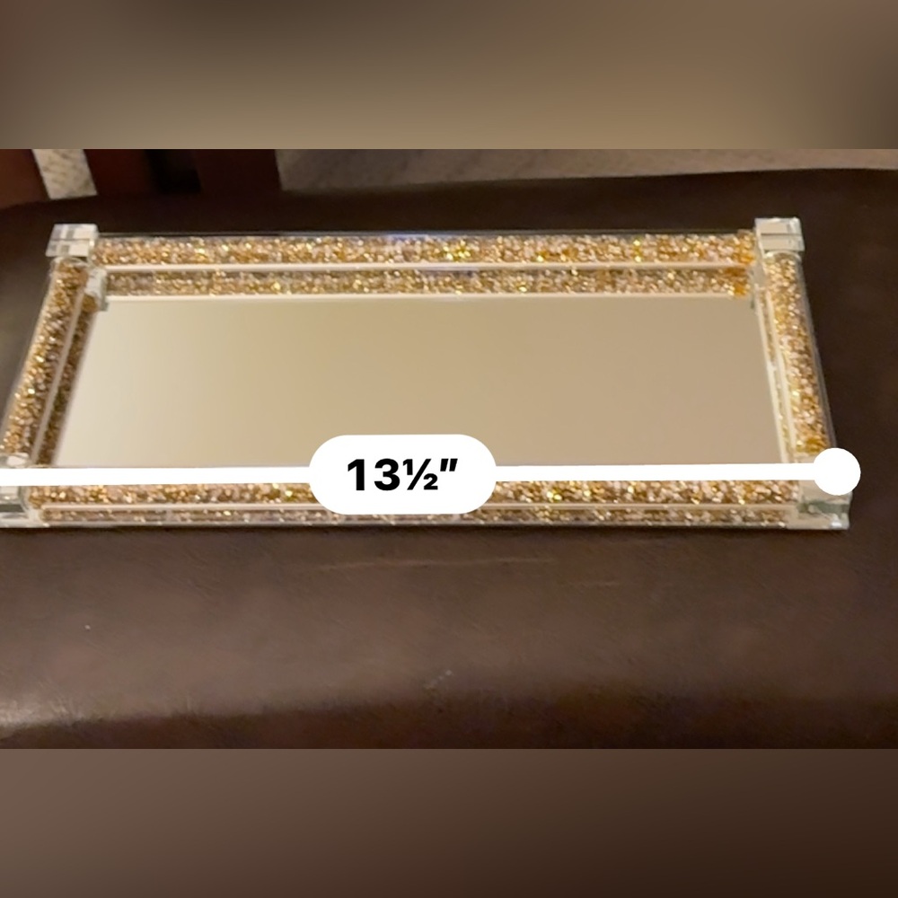NWT Crystal Glass Tray, Mirror Vanity Tray, Golden Decor Tray Size 34cm X 14 cm - Picture 12 of 16